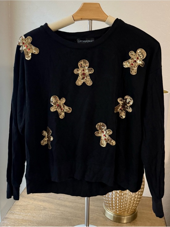 Cynthia Rowley Tops - Cynthia Rowley Black Sweater with Gold Sequin Gingerbread Motifs
